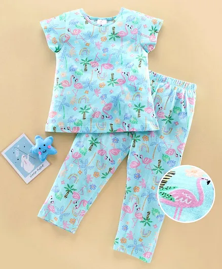 Pspeaches Flamingo Print Short Sleeves Night Suit - Blue