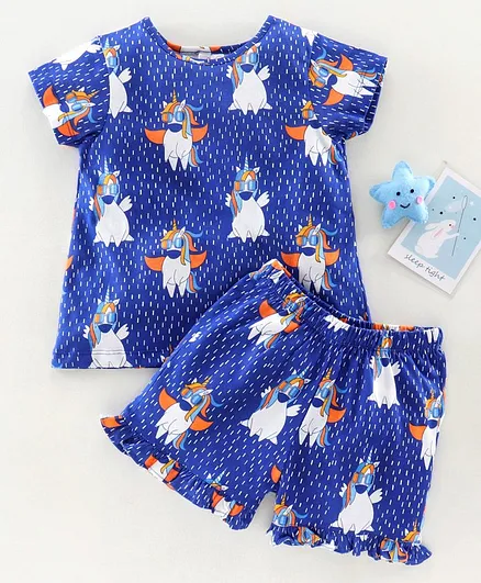 Pspeaches Unicorn Print Short Sleeves Night Suit - Blue