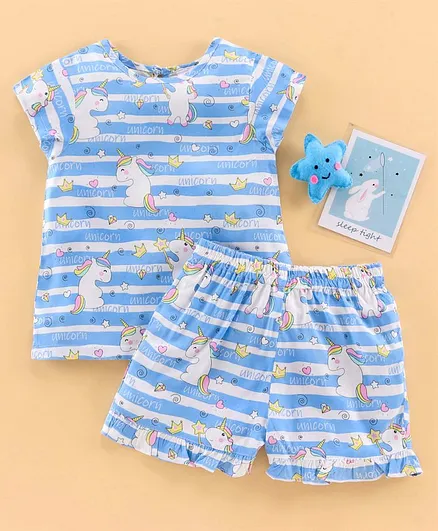 Pspeaches Unicorn Print Short Sleeves Night Suit - Blue
