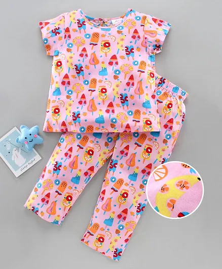 Pspeaches Ice Candies Print Short Sleeves Night Suit - Pink