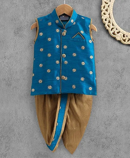 Dapper Dudes Sleeveless Embroidered Kurta With Dhoti - Blue