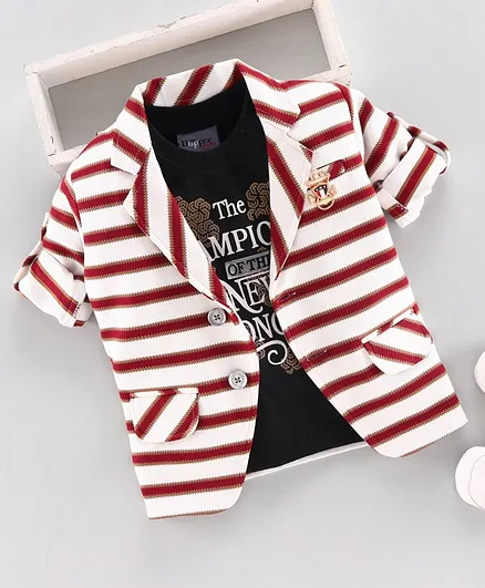 Dapper Dudes Printed Tee With Full Sleeves Striped Jacket - Red