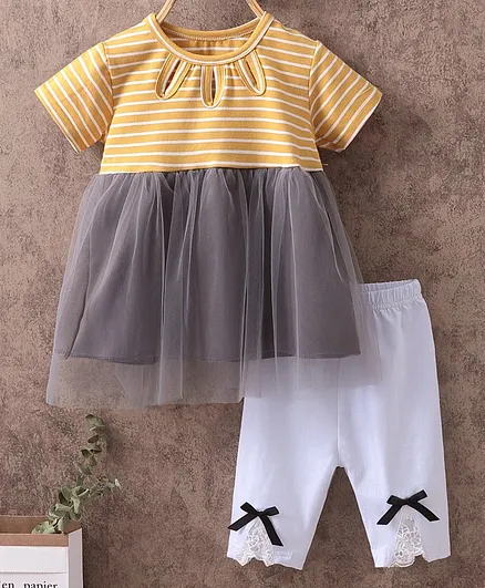 Kookie Kids Short Sleeve Frocks with Leggings - Yellow