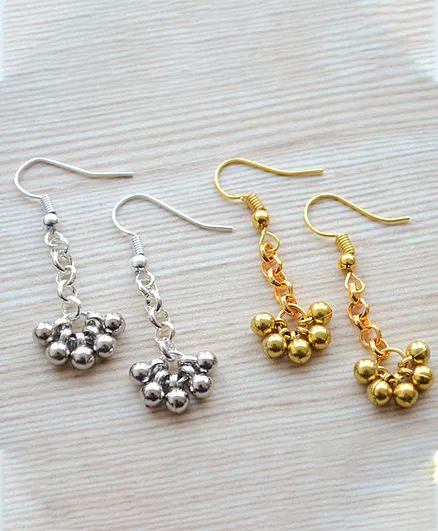 Pretty Ponytails 2 Pairs Of Bunched Ghungroos Dangle and Drop Long Ethnic Earrings - Gold & Silver