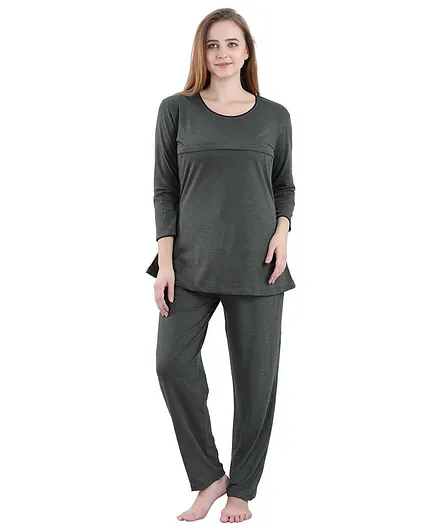Piu Full Sleeves Solid Full Sleeves Night Suit - Grey
