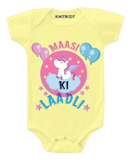 KNITROOT Short Sleeves Maasi Ki Ladli Printed Onesie - Yellow