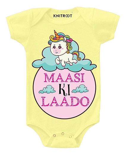 KNITROOT Short Sleeves Maasi Ki Laado Printed Onesie - Yellow