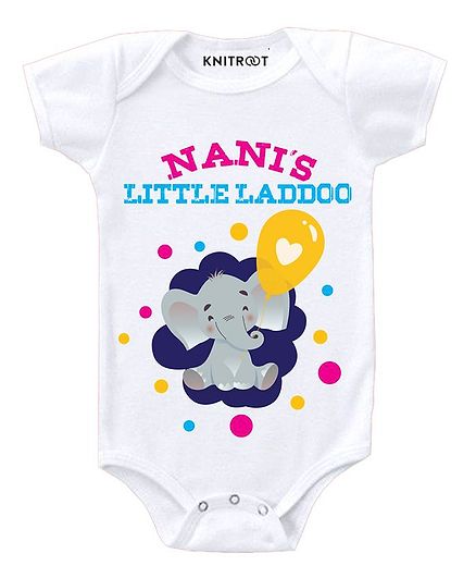 KNITROOT Short Sleeves Little Laddoo Printed Onesie - White