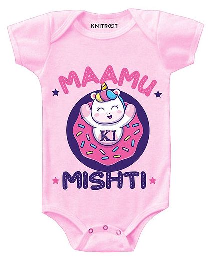 KNITROOT Short Sleeves Mamu Mishti Print Onesie - Pink