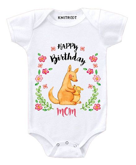 KNITROOT Short Sleeves Happy Birthday Mom Print Onesie - White