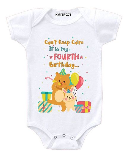 KNITROOT Fourth Birthday Print Short Sleeves Onesie - White
