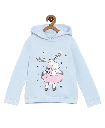 The Mom Store Full Sleeves Dreamy Reindeer Print Hoodie - Light Blue
