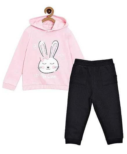 The Mom Store Full Sleeves Bunny Print Hoodie With Track Pants - Pink