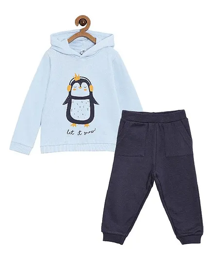 The Mom Store Snow Penguin Print Full Sleeves Hoodie With Track Pants - Blue
