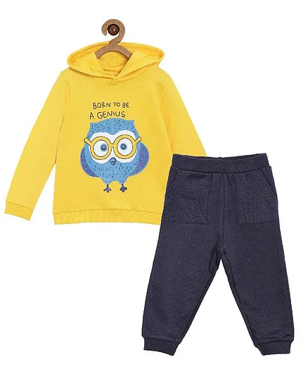 The Mom Store Full Sleeves Owl Print Hoodie With Track Pants - Yellow