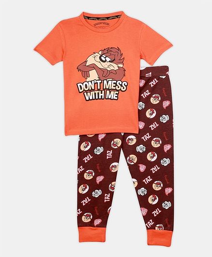 Nap Chief Short Sleeves Looney Tunes Character Printed Organic Cotton Night Suit - Orange