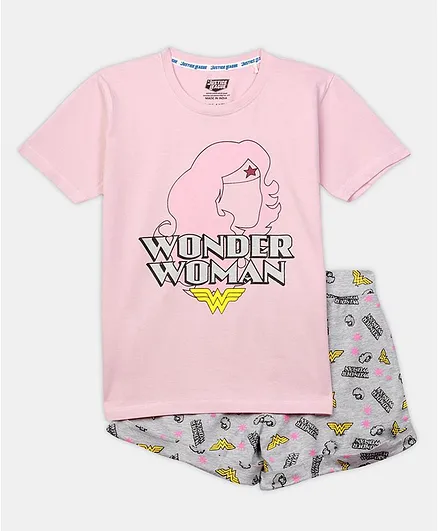 Nap Chief Short Sleeves Wonder Woman Printed Night Suit - Light Pink