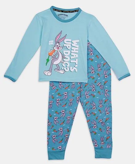 Nap Chief Full Sleeves Looney Tunes Character Printed Organic Cotton Night Suit - Blue