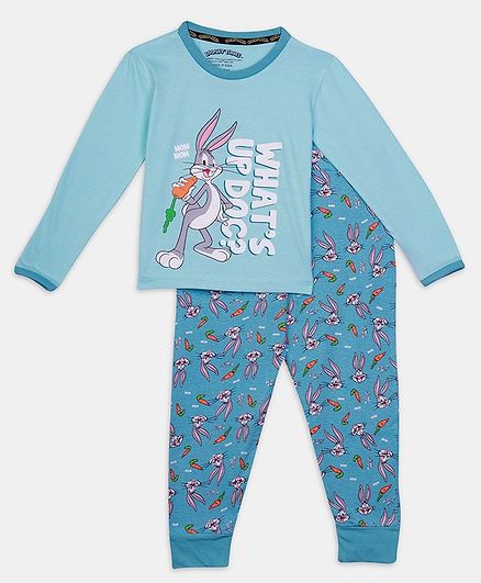 Nap Chief Full Sleeves Looney Tunes Character Printed Organic Cotton Night Suit - Blue