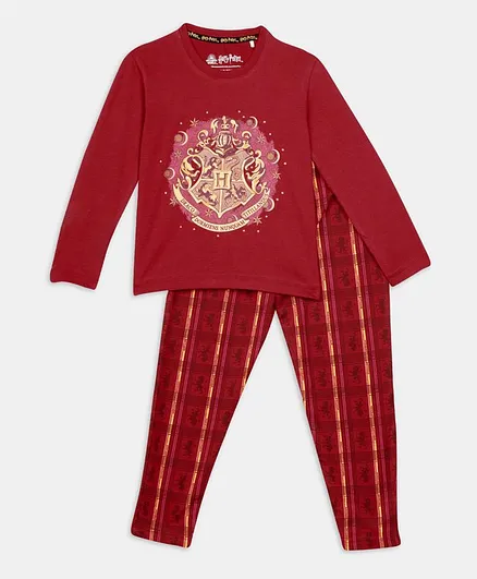 Nap Chief Full Sleeves Hogwarts Print Detailing Night Suit - Red