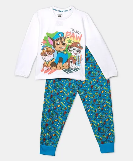 Nap Chief Full Sleeves Paw Petrol Organic Cotton Night Suit - White & Blue