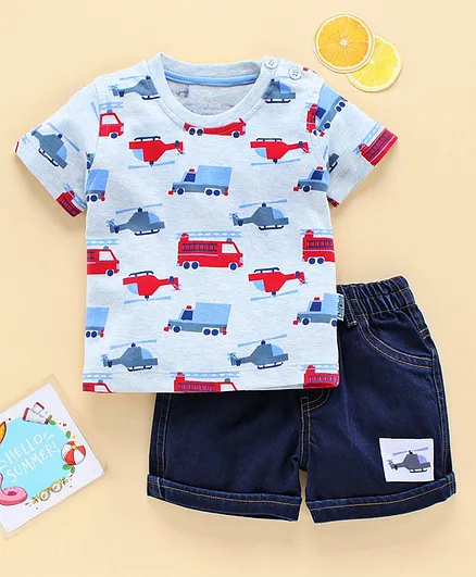 Child World Half Sleeves Tee & Short Set Vehicles Print - Blue