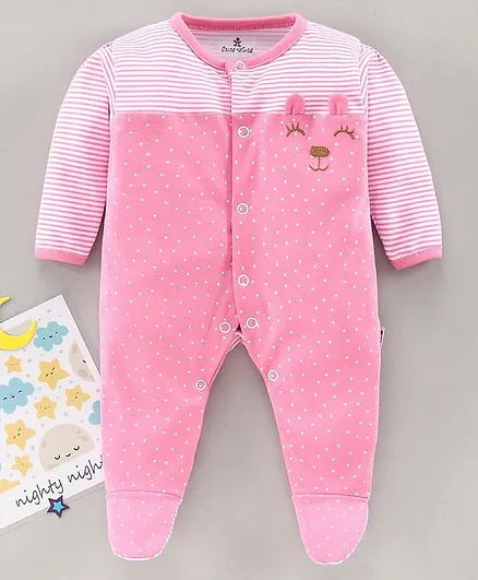 Child World Full Sleeves Footed Sleepsuit Polka Dot Print - Pink