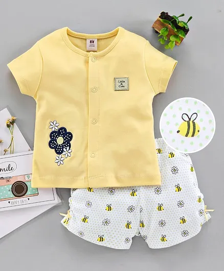 ToffyHouse Half Sleeves Night Suit Flower Embroidery - Yellow White