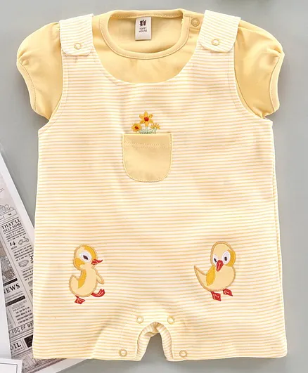 ToffyHouse Half Sleeves Dungaree Style Romper With Inner T-Shirt Bird Embroidered Striped - Yellow