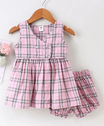 ToffyHouse Sleeveless Check Frock With Bloomer - Pink