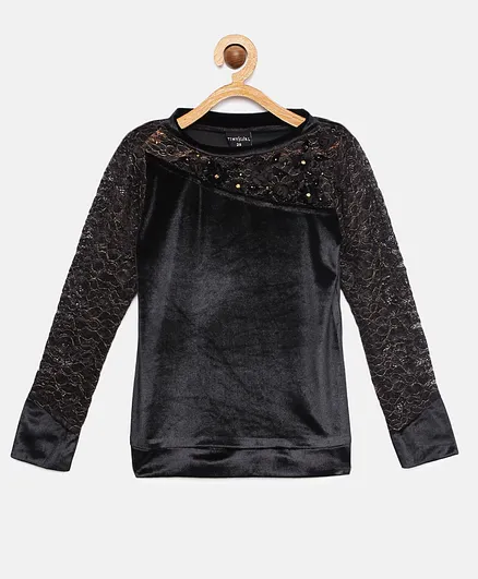 Tiny Girl Full Sleeves Flower Embroidery Detailing Top - Black