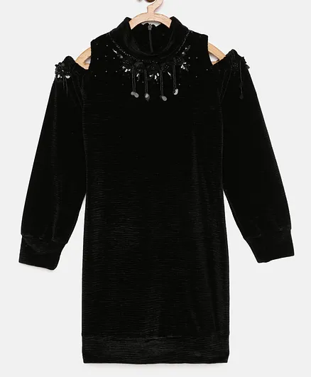 Tiny Girl Velvet Full Sleeves Floral Design Embellished Cold Shoulder Top - Black
