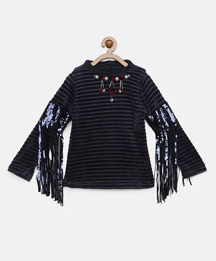 Tiny Girl Toned Self Design Knitted Sequined Top - Navy Blue