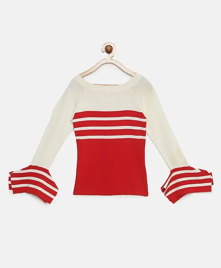 Tiny Girl Colour Blocked Knitted Full Sleeves Top - Red