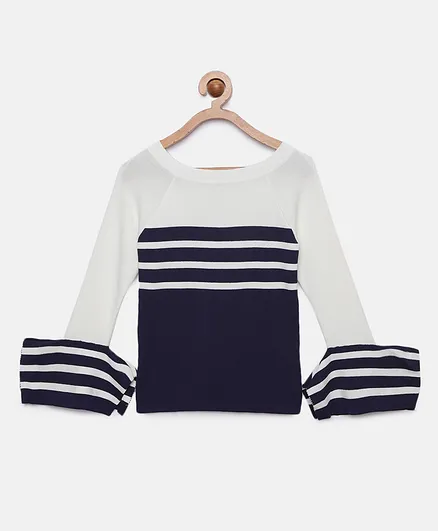Tiny Girl Colour Blocked Knitted Full Sleeves Top - Navy Blue