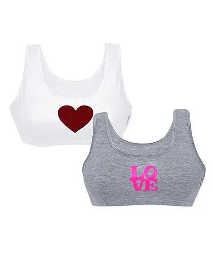 D'chica Pack of 2 Non-Wired & Non Padded Heart Print Bras - White & Melange