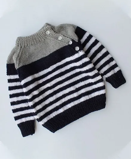 Woonie Handmade Full Sleeves Striped Sweater - Grey