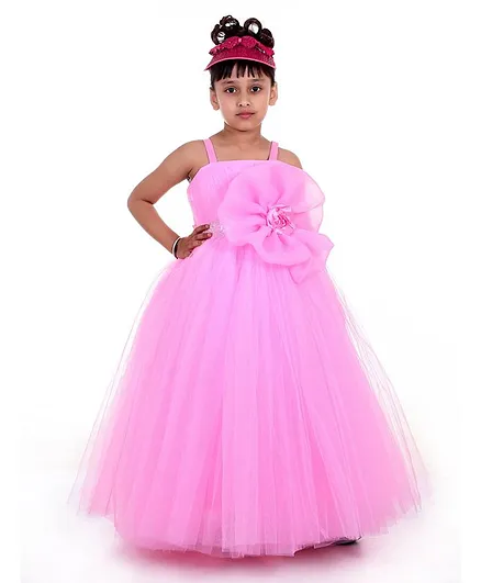 Indian Tutu Sleeveless Big Flower Fit & Flare Gown - Baby Pink