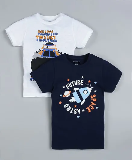 Plum Tree Pack of 2 Half Sleeves Rocket Print T-Shirts - Navy Blue & White