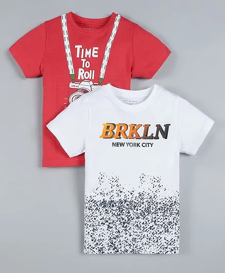 Plum Tree Pack of 2 Half Sleeves Camera Print T-Shirts - Off White & Red