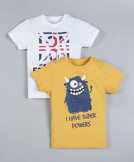 Plum Tree Pack of 2 Half Sleeves Alien Print T-Shirts - Yellow & Off White