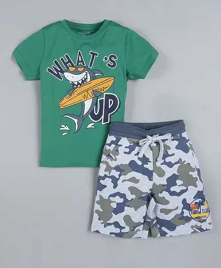 Plum Tree Half Sleeves Shark Print Tee With Shorts - Green & Grey
