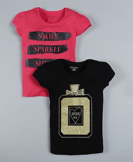 Plum Tree Pack of 2 Short Sleeves Sparkle Print T-Shirts - Black & Pink