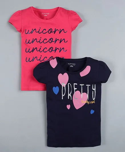 Plum Tree Pack Of 2 Short Sleeves Pretty Print T-Shirts - Blue & Pink