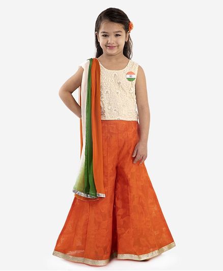 Lil Peacock Sleeveless Floral Embroidered Top With Flared Palazzo & Dupatta - White Orange