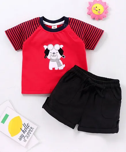 ToffyHouse Half Sleeves Tee and Shorts Set Dog Print - Red Black