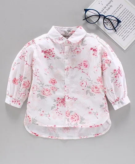 ToffyHouse Full Sleeves Asymmetric Shirt Floral Print - White