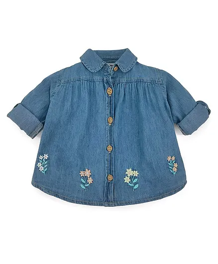 ToffyHouse Full Sleeves Denim Shirt Floral Embroidery - Blue