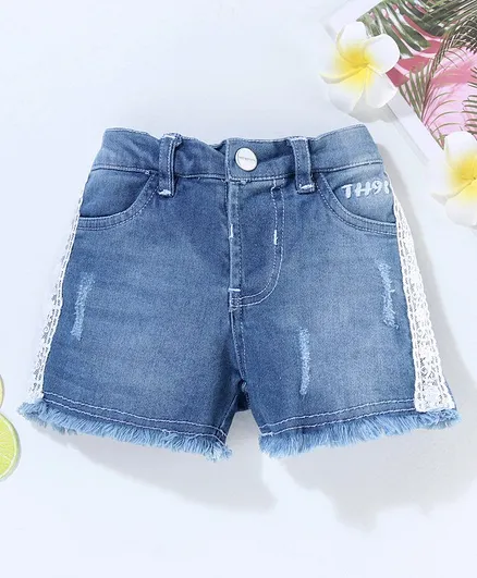 ToffyHouse Knee Length Distressed Denim Shorts with Side Lace - Blue