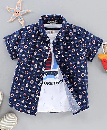 ToffyHouse Half Sleeves Printed Shirt with Tee - Navy Blue